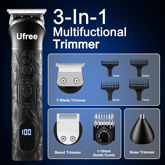 Ufree Beard Trimmer, Hair Clippers Mens Shaver Electric Razor, Hair Trimmer for Men Cordless Barber Clippers and Trimmers Set, Hair Cutting Kit for Men Grooming Gifts, Black