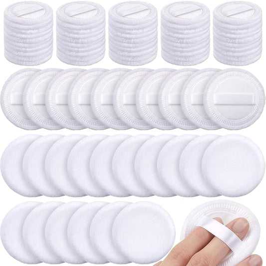 100 Pcs Cotton Powder Puff Washable 2.36 Inch White Round Cosmetic Face Powder Makeup Puffs with Ribbon Body Cosmetic