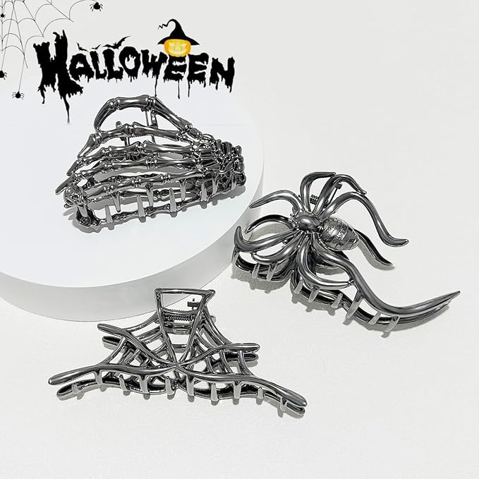 3 Pieces Large Metal Spider Net Hand Hair Claw Clips for Women and Girls Thick Long Hair, Nonslip Skeleton Spooky Barrette Headband Hair Styling Accessories for Halloween Christmas Gifts