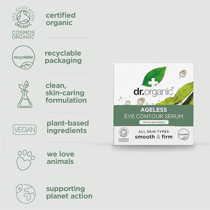 Dr. Organic Ageless Eye Contour Serum with Seaweed | Smoothing and Firming, Targets Fine Lines, Fragrence Free, Certified Organic, Paraben & SLS-free, 15 mL / .5 fl oz