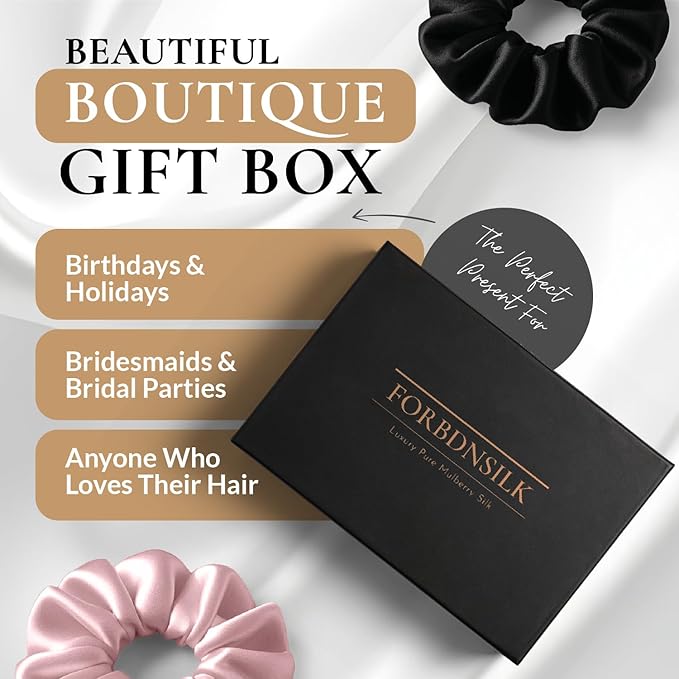 100% Pure 22 Momme Mulberry Silk Scrunchies (Set of 3) | Highest grade (6A) Luxury Hair Ties| (Black,White,Pink) | (Black, Standard)