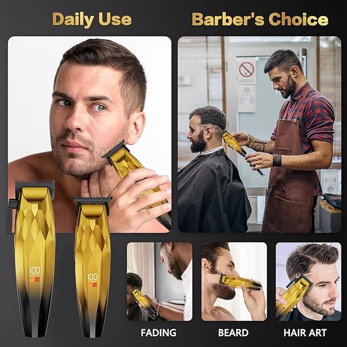 2-in-1 Professional Hair Clippers Set,Cordless Hair Clippers and T-Blade Trimmer Kit for Men,LCD Display,USB Rechargeable,Adjustable Guards,Waterproof,Beard & Body Grooming Kit (Gold)