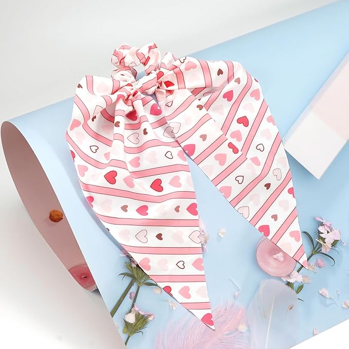 Valentine's Day Hair Ties Pink Heart Stripes Hair Scrunchies for Women Teen Girls Elastic Love Hair Tie Ribbon Valentine's Day Hair Bows Hair Accessories Gifts