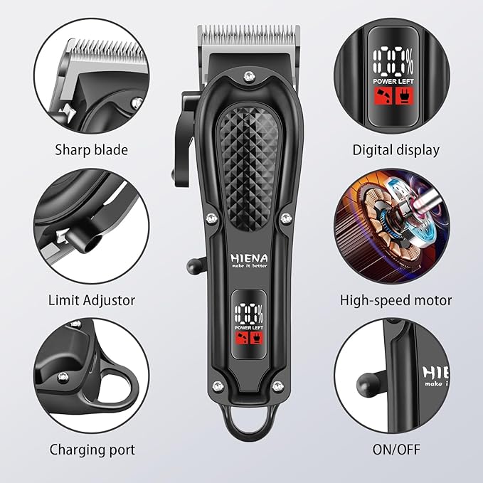 HIENA PRO Professional Hair Clippers for Men, Cordless&Corded Barber Clippers for Hair Cutting, Rechargeable Beard Trimmer, LED Display, Gifts for Men (Black)