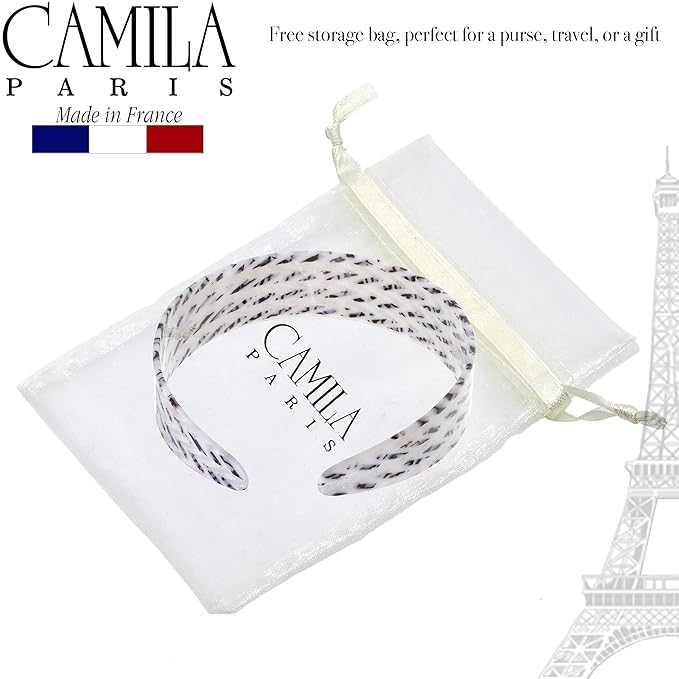 Camila Paris CP3462 French Headband for Women, Handmade White and Gray, Strong Hold Grip Women's Hair Band, Ligth and Very Flexible, No Slip and Durable Styling Girls Hair Accessories, Made in France