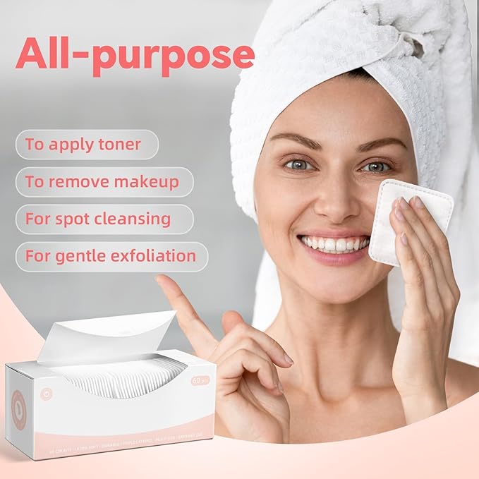 Square Cotton Pads,100% Cotton, Not to Shed or Fall Apart, 60 Count, Unique Triple-Layer Design for Daily Skin Care