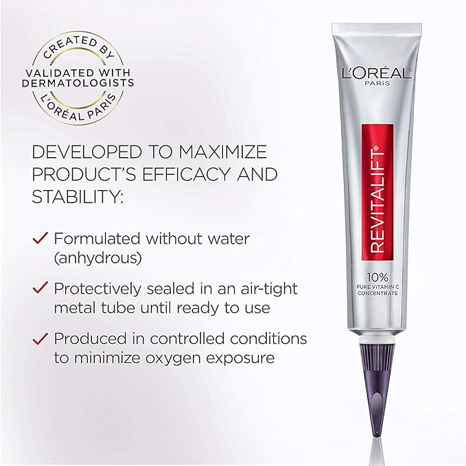L'Oreal Paris Revitalift 10% Pure Vitamin C Face Serum for Brighter Skin & Reduced Wrinkles, Fragrance Free, 1 0z.