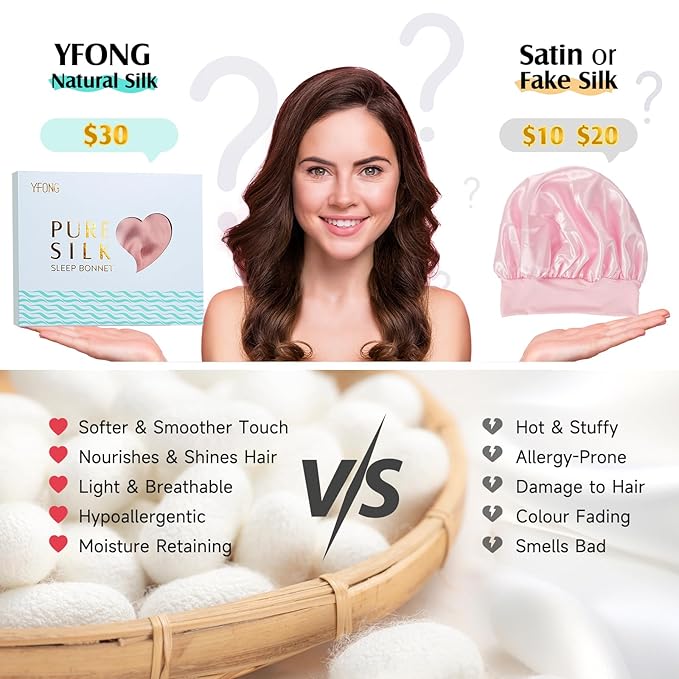 YFONG 100% 22 Momme Mulberry Silk Bonnet for Sleeping Women, Larger Double Layer Silk Hair Wrap for Curly Short Long Hair, Non-Slip Sleep Cap Turban with Elastic Tie Band for Hair Care, Pink