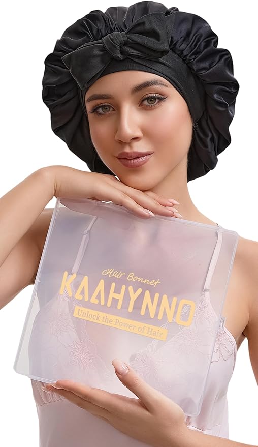 Silk Satin Bonnet Hair Wrap for Sleeping Women, Adjustable Tie Band Double Layer Sleep Night Head Cover for Curly Braid Fine