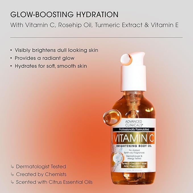 Advanced Clinicals Vitamin C Brightening Body Oil For Women & Men | Vitamin C Oil Skin Care Body Moisturizer With Vitamin E + Botanicals To Help Improve Appearance Of Dark Spots + Dry Skin, 2PC