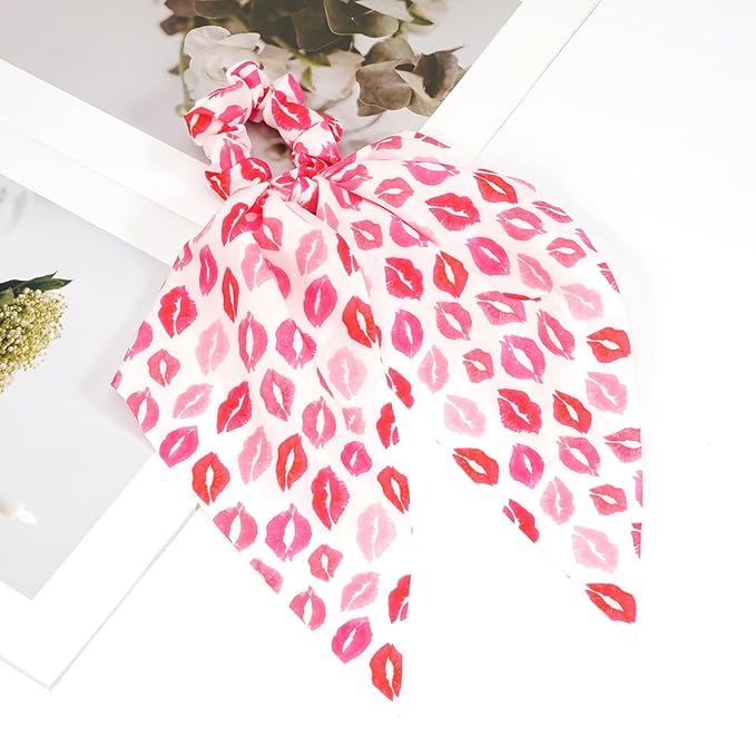 Valentine's Day Hair Ties Pink Lip Hair Scrunchies for Women Teen Girls Elastic Love Hair Tie Ribbon Valentine's Day Hair Bows Hair Accessories Gifts