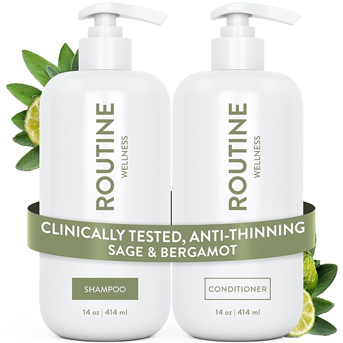 Routine Wellness Anti-Thinning Shampoo and Conditioner Set for Thinning Hair - Biotin DHT Blocker Women & Men - Color Safe Shampoo for Hair Loss & Healthier Hair - Sage & Bergamot (Pack of 2)
