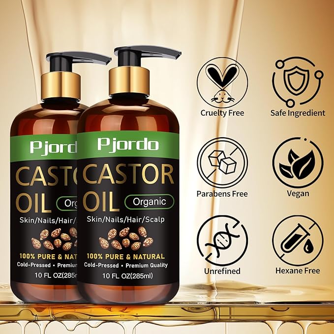 2 Pack 100% Pure & Natural Castor Oil, Cold Pressed Organic Castor Oil for Hair Growth, Eyelashes, Skin, Nails & Scalp, Daily Moisturizing & Nourishing for All Skin Types