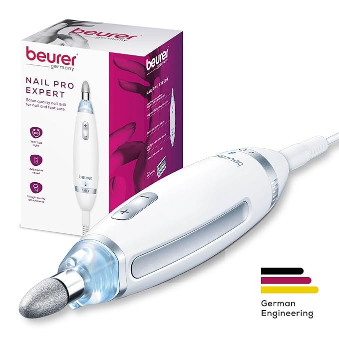 Beurer MP62 Professional Nail Drill Kit, Portable Electric File Machine with 10 Attachments & 10 Sanding Bands, Efile Dremel for Acrylic Gel Manicure and Pedicure, LED Light, with Storage Case