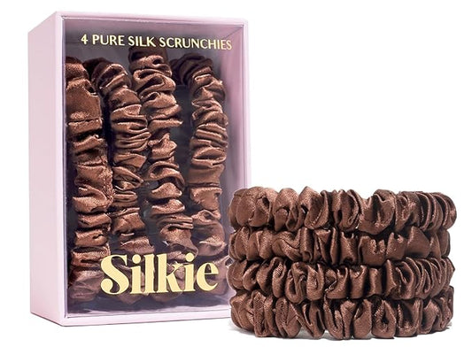 SILKIE x4 Set 100% Pure Mulberry Silk Brown Skinny Scrunchies Travel Pouch Everyday Hair Ties Elastics Hair Care Ponytail Holder No Damage (Praline)