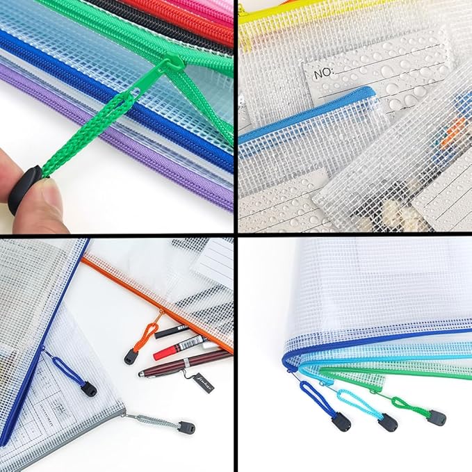 AUSTARK Plastic Mesh Zipper Pouch, 12Pcs Zipper File Bags with Label Pocket, A3 Size 16.9x12in, White