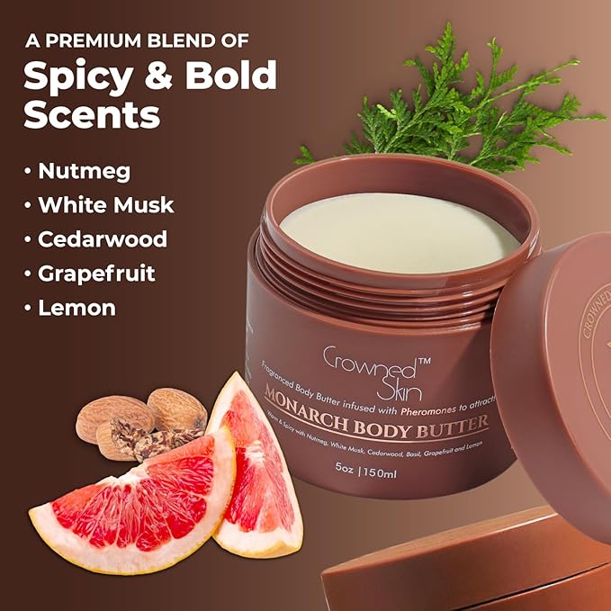 Crowned Skin Monarch Cologned Body Butter | Spicy and Bold Scent | Blended with White Musk & Cedarwood | Infused with Organic Shea & Mango Butters | Moisturizing Formula with All-Day Fragrance | 5oz