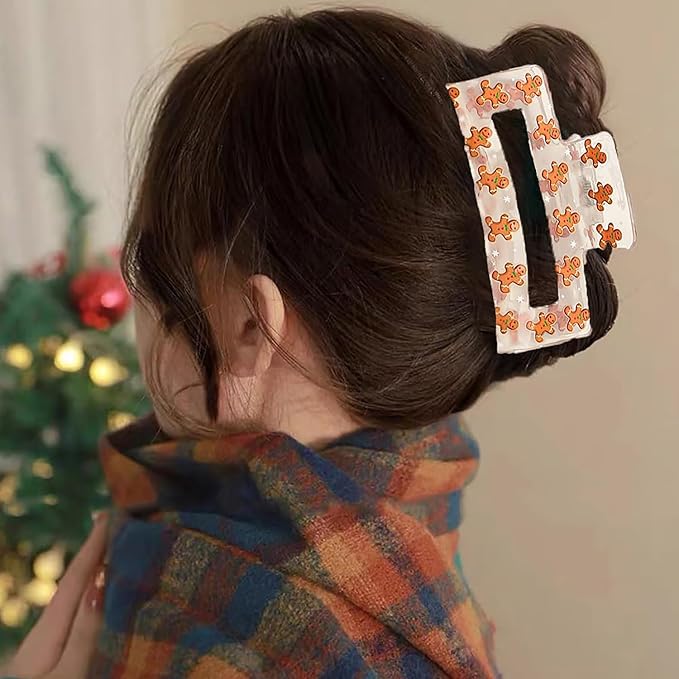 Christmas Hair Clip, Christmas Cute Gingerbread Man Claw Clips, Rectangular Large Hair Claw Clips for Thick/Thin Hair, Xmas Brown Gingerbread Design Medium Hairpin, Hair Accessories for Xmas