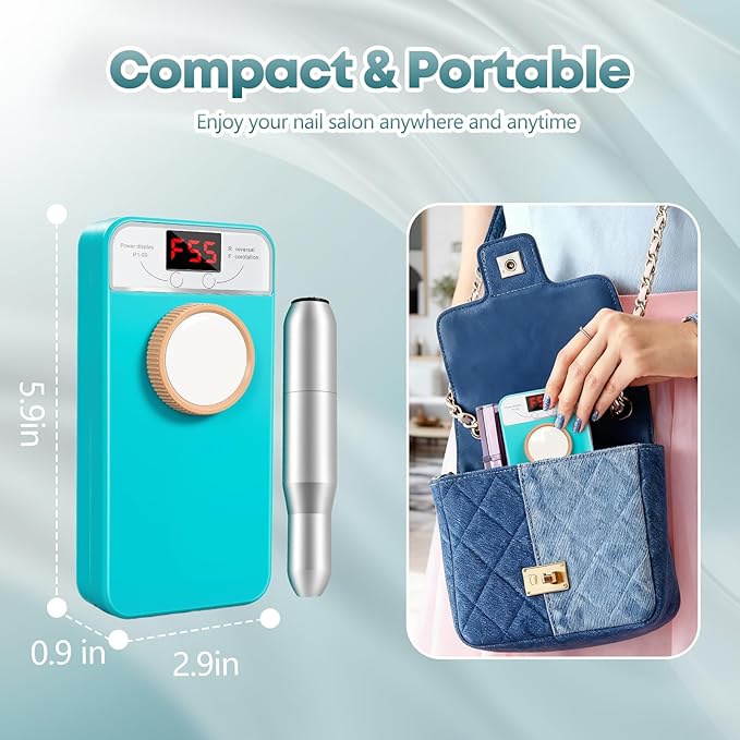 Professional Nail Drill Electric File, GEEZO 55000RPM Portable Cordless Nail Drill Machine with Bits, Rechargeable E File for Acrylic & Gel Nails, Manicure & Pedicure Tech Tool for Home Salon (Green)