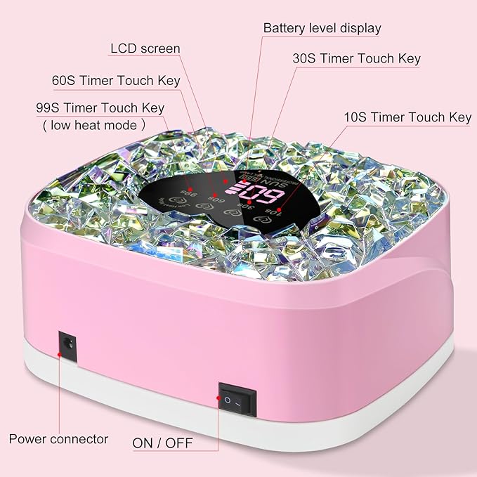 LIMEGIRL UV LED Nail Lamp Kit for Gel Polish Professional Fast Pink Diamond Design Curing Dryer Light Set with 4 Timers and Gloves Cordless Rechargeable Nail Art Cure Machine at Home and Salon