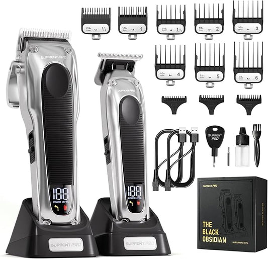 SUPRENT PRO Professional Hair Clippers for Men - High Torque Brushless Motor & Detachable Blade - Cordless Hair Trimmer Set for Barbers with Charging Base - Premium Hair Clipper Kit - Silver