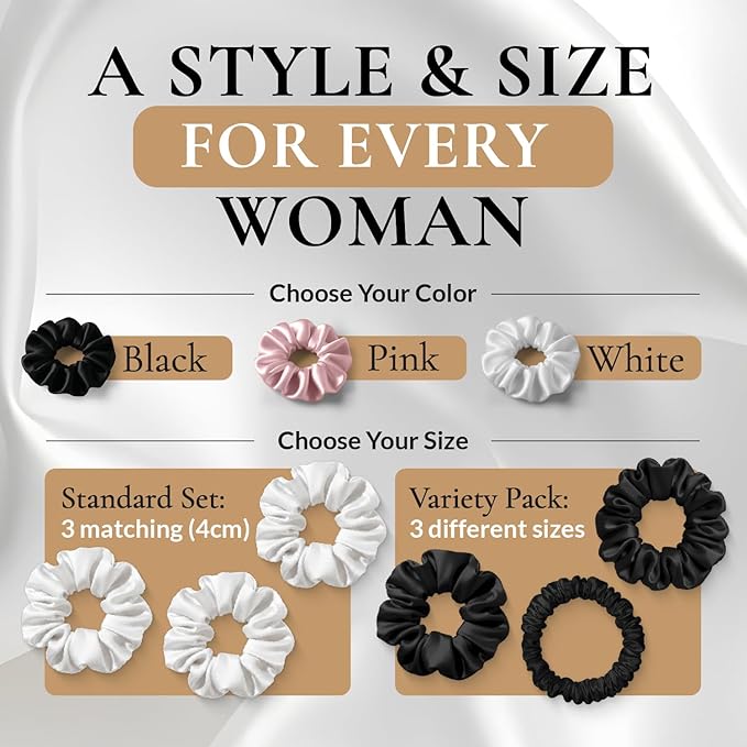 100% Pure 22 Momme Mulberry Silk Scrunchies (Set of 3) | Highest grade (6A) Luxury Hair Ties| (Black,White,Pink) | (Black, Standard)