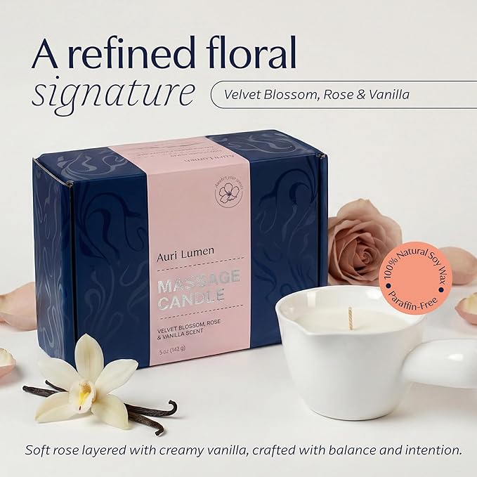Massage Candle – Soy Wax Massage Oil That Melts Into Skin-Safe Warm Body Oil, Rose & Vanilla Scent, Ceramic Pour Cup (5 oz)