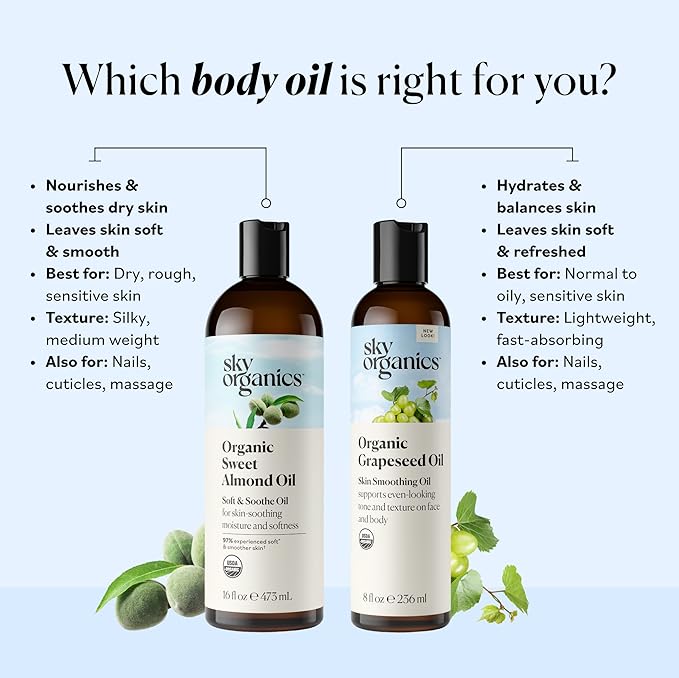 Sky Organics Organic Grapeseed Oil, Skin Smoothing Oil to Support Healthy and Even-Looking Skin Tone and Texture on Face and Body, for All Skin Types, 100% Pure & Cold-Pressed, 8 fl. Oz
