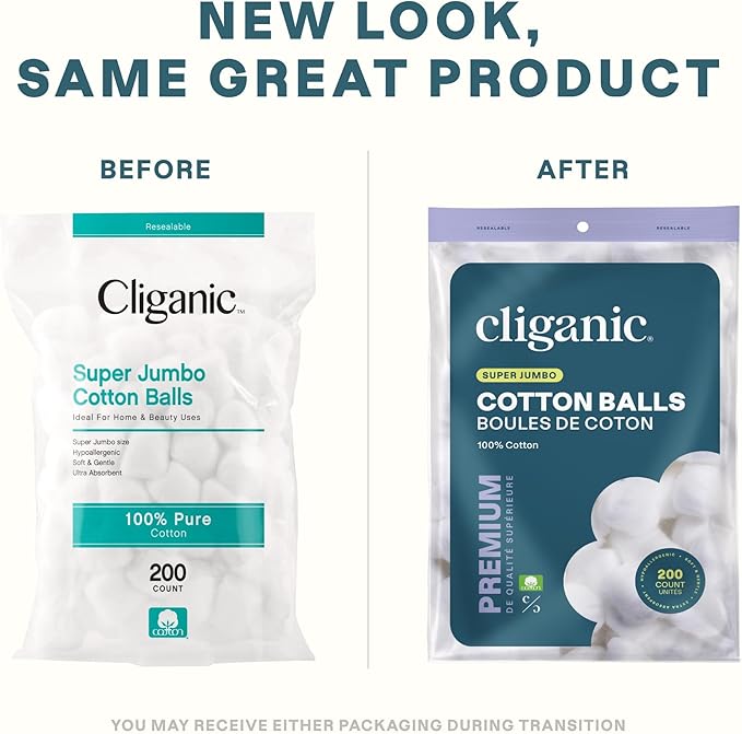 Cliganic Super Jumbo Cotton Balls (200 Count) - Hypoallergenic, Absorbent, Large Size, 100% Pure