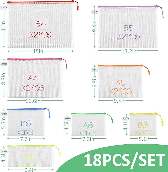 18 Pack 8 Size Mesh Zipper Pouch Bags, Waterproof Zipper Bags with Label Pocket,File Bags for Classroom Organization,Zipper Pouches of Office Supplies,Puzzles, Board Game Storage