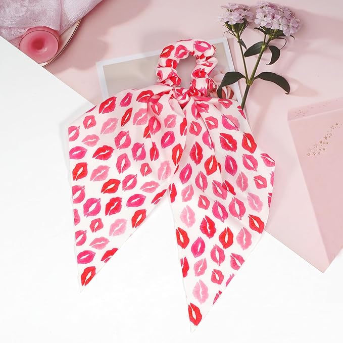 Valentine's Day Hair Ties Pink Lip Hair Scrunchies for Women Teen Girls Elastic Love Hair Tie Ribbon Valentine's Day Hair Bows Hair Accessories Gifts