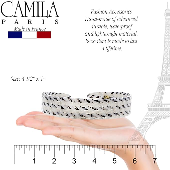 Camila Paris CP3465 French Headband for Women, Handmade White and Gray, Strong Hold Grip Women's Hair Band, Ligth and Very Flexible, No Slip and Durable Styling Girls Hair Accessories, Made in France