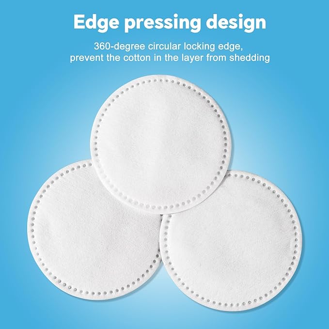 Cotton Rounds for Facial Cleansing and Nail Polish Removal - 100% Pure Cotton, Hypoallergenic Makeup Remover Pads, Lint-Free Multi-Layer Design (100 Count, Pack of 3)