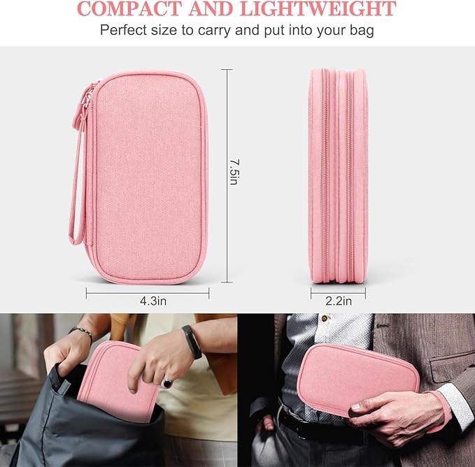 FYY Electronic Organizer, Travel Bag, Pouch, Carry Case Portable Waterproof Double Layers for Cable, Cord, Charger, Phone, Earphone Pink