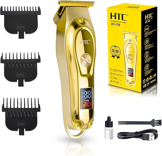 HTC Hair Clippers – Professional Cordless Rechargeable Hair Trimmer with Precision, Adjustable Speeds, and LED Display （Gold）