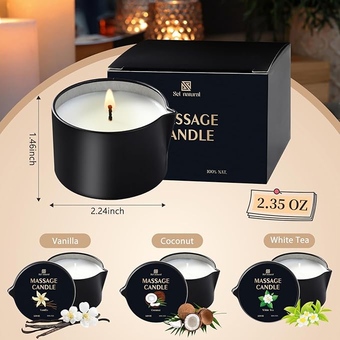 3 Pack Massage Oil Candles 2.35oz Low Temp Massage Candle Wax 3 Scent Vanilla, White Tea, Coconut Spa Therapy Body Oil Christmas Valentine's Day Gifts for Relaxation, Couples, or Self-Care