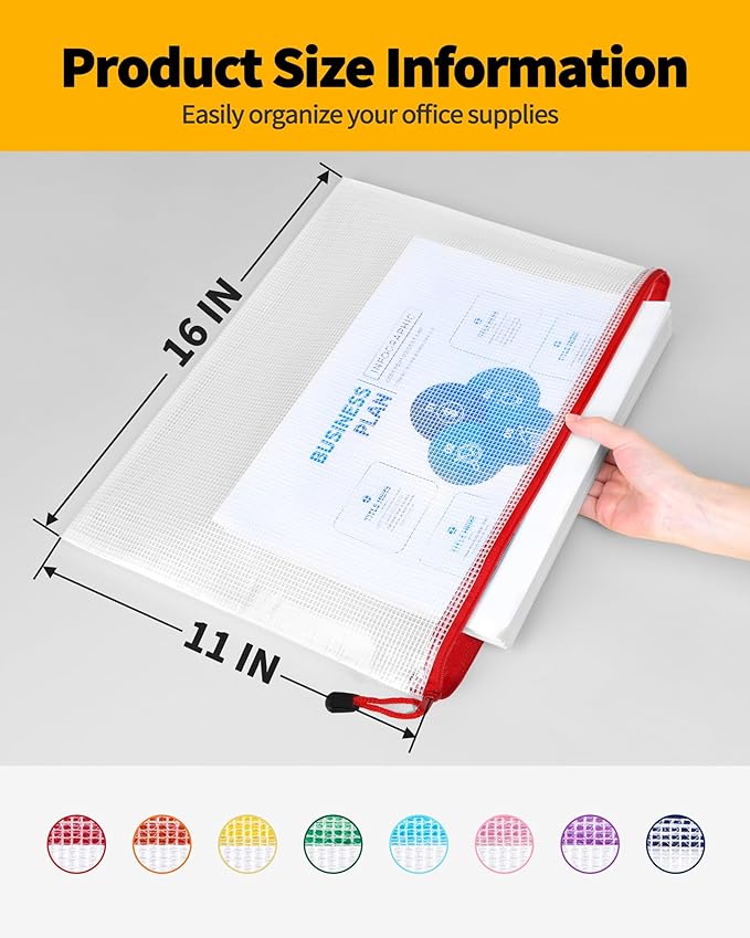 SUNEE Plastic Mesh Zipper Pouch 11x16 in (8 Colors, 24 Packs),Extra Large Water-Resistant Zip Bag for School Office Supplies, Puzzles & Games Organizing Storage