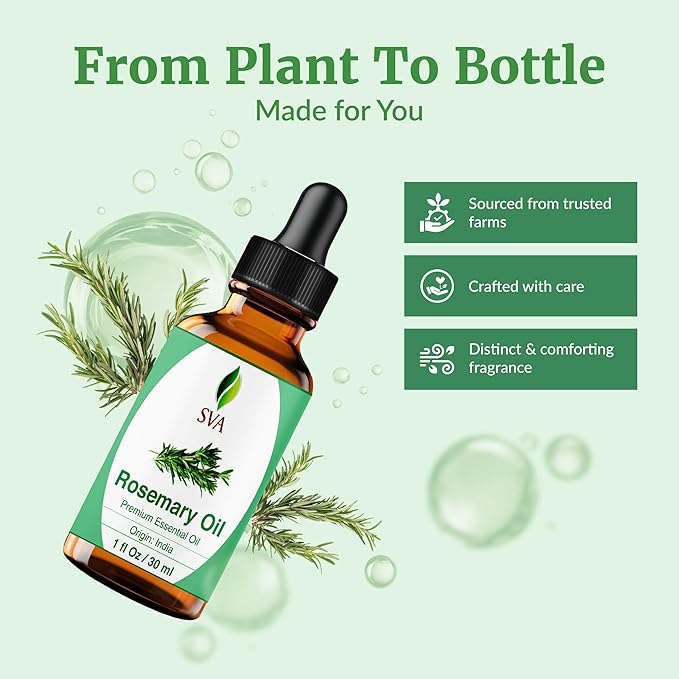 SVA Rosemary Essential Oil – 1 Fl Oz – 100% Natural Rosemary Oil for Hair, Face, Skin Care, Diffuser, Aromatherapy, Scalp, Body Massage, Soap and Candle Making – with Dropper