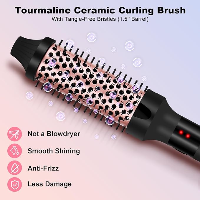 1.5 Inch Thermal Brush for Blowout Look, Heated Round Hair Straightening Curling With 2 Temp Settings, Ceramic Iron for Medium & Long Hair, Dual Voltage for Travel