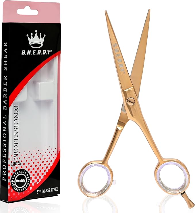 Professional Barber Shears 6” – High Carbon Stainless Steel Hair Cutting Scissors with Razor Sharp Edge for Salon & Home Use by S.H.E.R.R.Y (Gold, 6 inches)