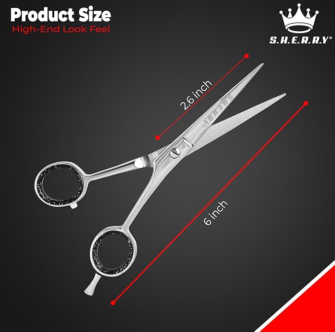 Professional Barber Shears 6” – High Carbon Stainless Steel Hair Cutting Scissors with Razor Sharp Edge for Salon & Home Use by S.H.E.R.R.Y (Silver, 6 inches)