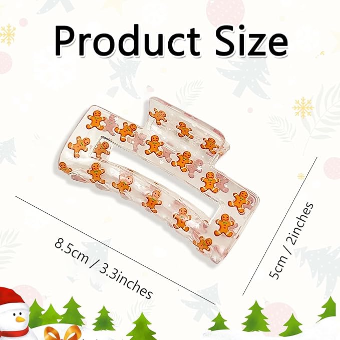 Christmas Hair Clip, Christmas Cute Gingerbread Man Claw Clips, Rectangular Large Hair Claw Clips for Thick/Thin Hair, Xmas Brown Gingerbread Design Medium Hairpin, Hair Accessories for Xmas