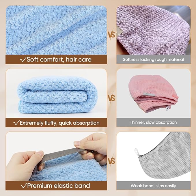 HOMEXCEL 5 Pack Microfiber Hair Towels - 40 x 20 inches Super Soft, Fast Drying Turbans for Long, Thick, Curly Hair - Anti Frizz Wrap with Elastic Strap