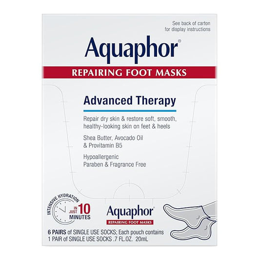 Aquaphor Repairing Foot Masks, Moisturizing Socks for Dry Feet, Hydrating Foot Care Treatment with Avocado Oil and Shea Butter, Pack of 6