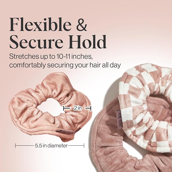 Kitsch Ultra Soft Microfiber Large Hair Ties for Women - Towel Scrunchies for Wet Hair, 2 Count - Terracotta Checker