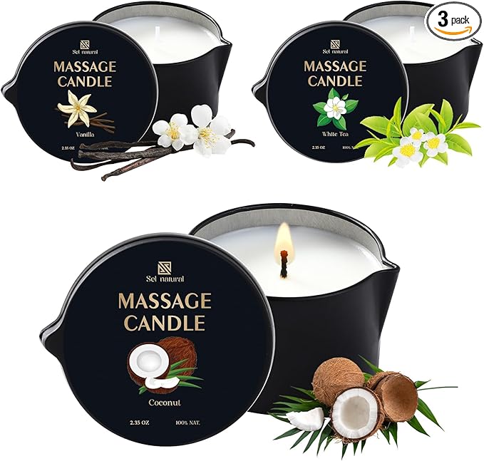 3 Pack Massage Oil Candles 2.35oz Low Temp Massage Candle Wax 3 Scent Vanilla, White Tea, Coconut Spa Therapy Body Oil Christmas Valentine's Day Gifts for Relaxation, Couples, or Self-Care