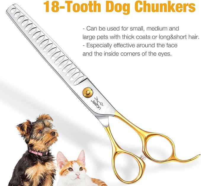JASON 7.5" 18-Teeth Chunkers Shears for Dogs Cats Grooming Texturizing Blending Thinning Scissor Pets Trimming Kit Sharp Gold Shear for Right Handed Groomers Christmas Gift