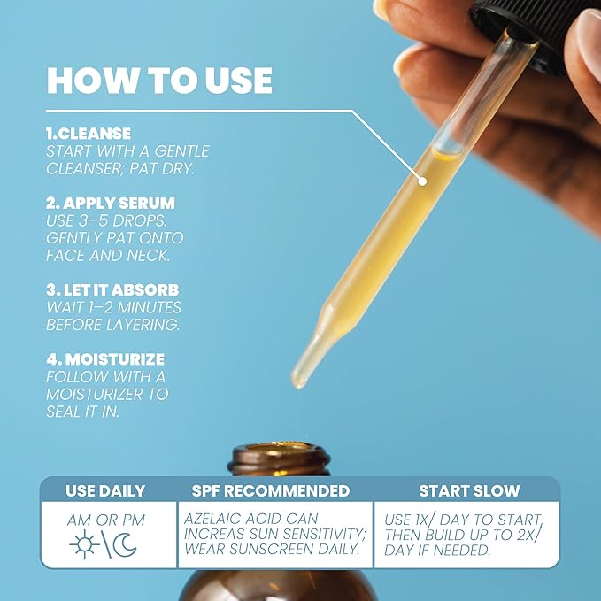 Azelaic Acid 10% Facial Serum – With Niacinamide, Hyaluronic Acid – Lightweight Face Serum – 2 oz