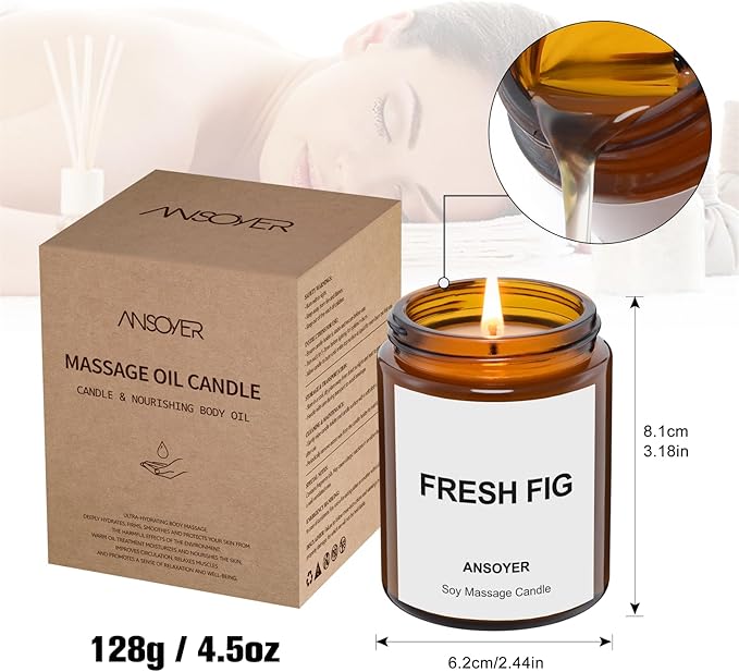 Massage Oil Candle, Gift SPA Use Home Scented Candle Body Oil, Ultra Hydrating Body Care with Soybean Oil, 4.5oz (Fresh Figs)