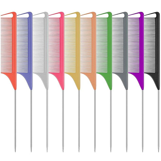 10 PCS Rat Tail Combs Set - Hair Teasing Fine Tooth Comb for Women Girls, Parting Comb for Braiding Hair Styling Tools & Appliances with Stainless Steel Pintail Carbon Fiber Heat Resistant